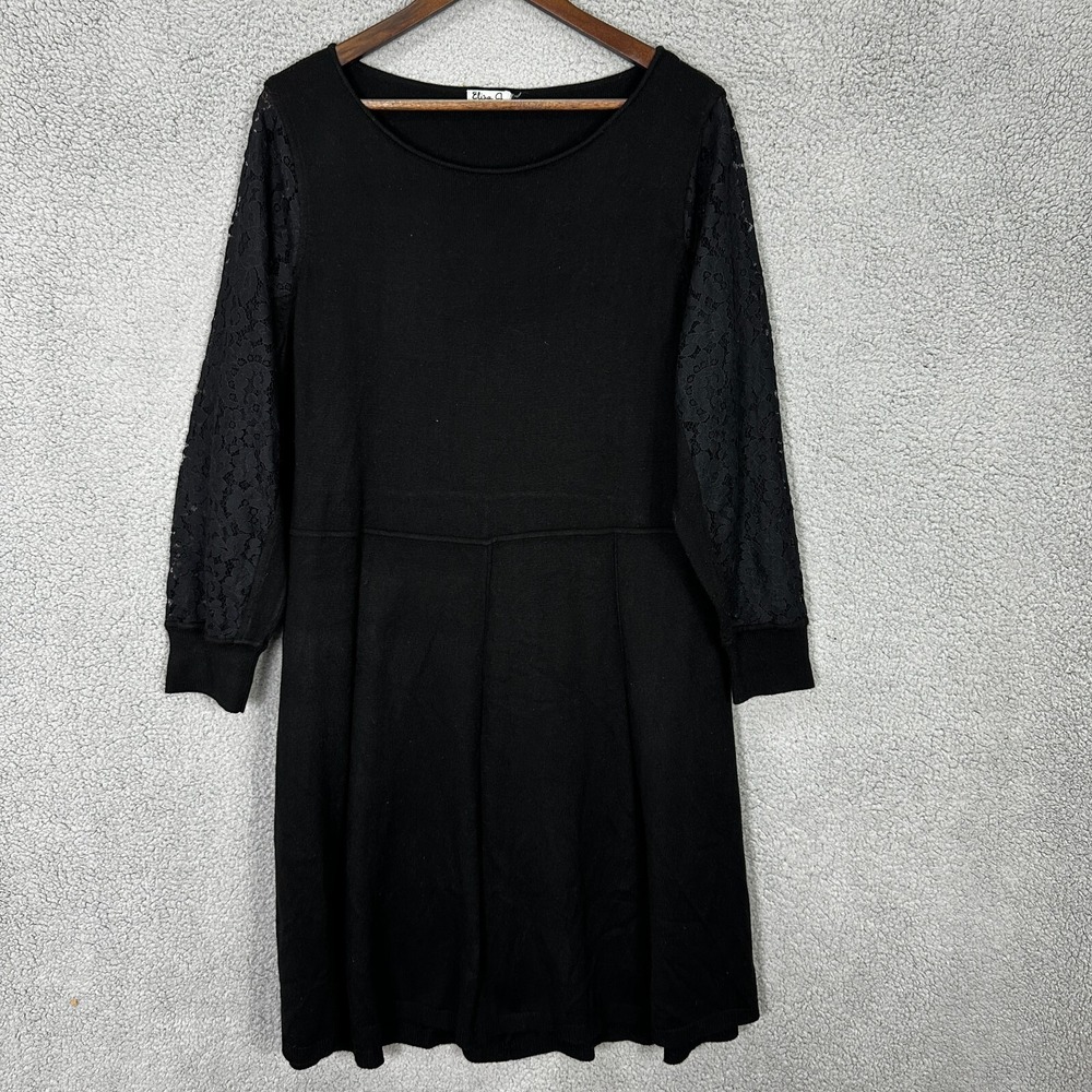 Eliza J Black Knit Dress L Lace Sleeve Skater Fit & Flare‎ Whimsigoth Gothic Pre